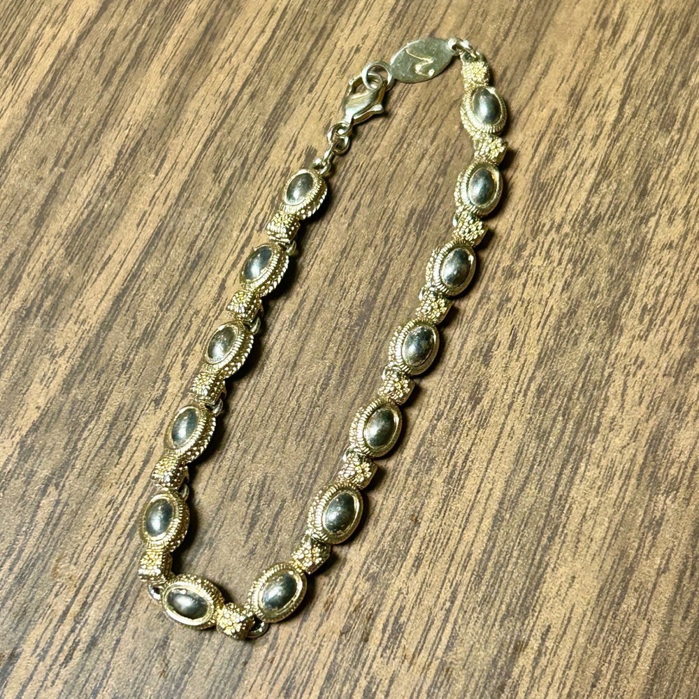 Vintage Napier Mixed Metal Oval Link Bracelet Gold Silver Tone Textured 7.25 In